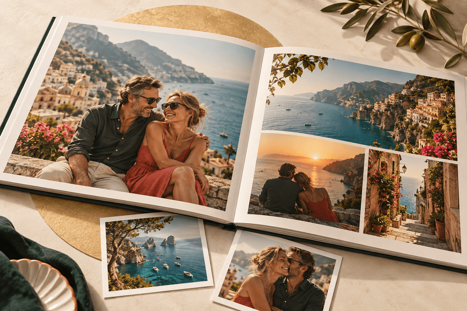 Ein aufgeschlagenes Fotobuch mit Reiseerinnerungen eines Paares und losen Urlaubsfotos
